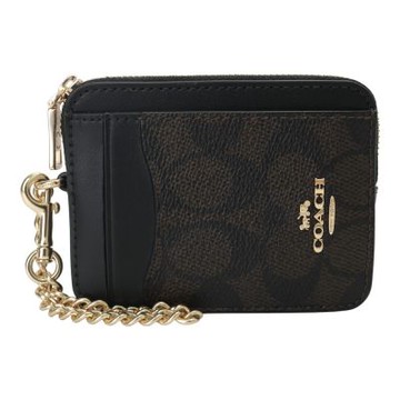COACH 拚色皮革直式方盒鍊帶卡夾零錢包(深咖x黑)