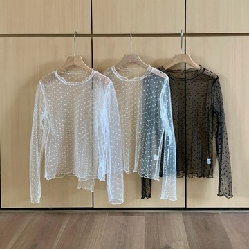 ʜᴀɴɪ ᴍᴏᴏɴ｜小花朵點點透紗內搭上衣｜花邊網紗透膚內搭 網紗打底衣 木耳邊領 點點透膚長袖上衣 穿搭必備 疊穿內搭