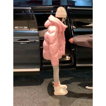 高級感粉色羽絨棉服女2024冬季新款連帽加厚寬松減齡中長款外套潮
