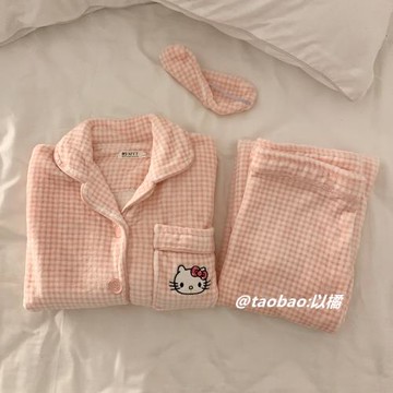 格子小貓珊瑚絨睡衣女冬季2023年新款法蘭絨加厚加絨家居服可外穿