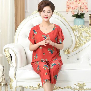 棉綢媽媽裝睡衣短袖中老年人造純棉家居服套裝大碼棉綢睡衣女夏