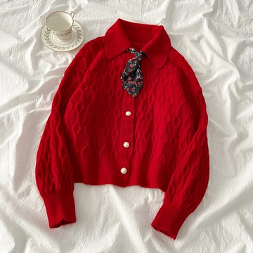 日系娃娃領麻花毛衣女早秋新款甜美復古針織開衫外套韓版寬松上衣