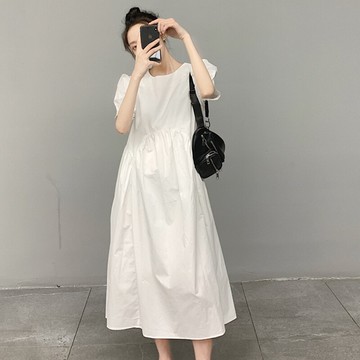 韓風chic寬松法式超仙氣質優雅長裙2022春夏新款白色泡泡袖連衣裙