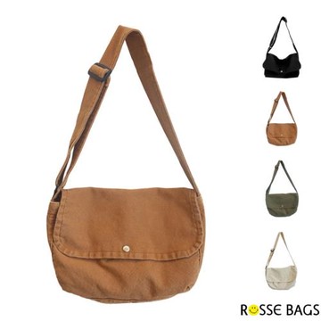【Rosse Bags】韓版簡約文藝設計單色肩背帆布包(現+預  黑色／棕色／綠色／米色)