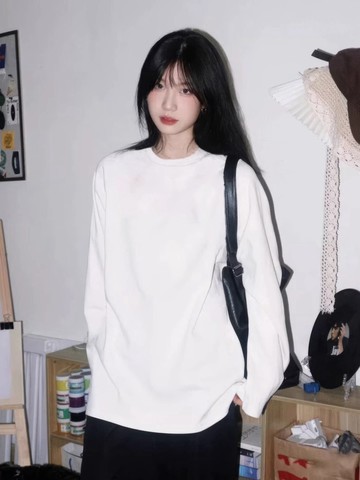白色設計感新款小眾打底衫秋季內搭長袖情侶寬鬆男女生上衣 圓領長袖 大學T 男女 長袖T恤 純棉T恤寬鬆爆款