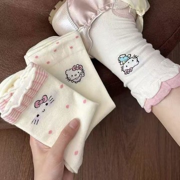 【夏季甜美】卡通日系花邊薄款 ins 白色長筒襪 kt 貓 少女感 居家 發熱襪子 襪子 貓襪子 襪子長筒襪