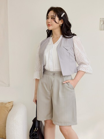 不易皺條紋打褶西裝短褲