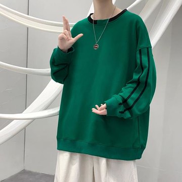 春秋新款圓領衛衣男側邊條紋純色上衣美式寬松重磅外套男士衣服潮