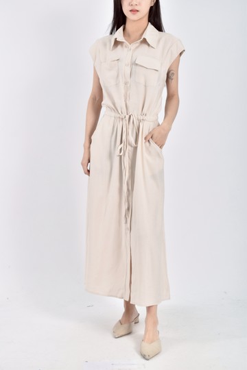 (L) mu yi yang無袖排扣抽繩杏色洋裝