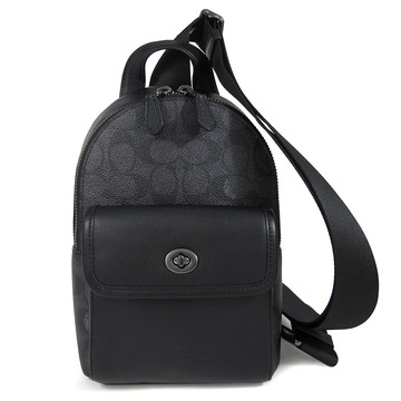 COACH 碳黑色防刮滿版LOGO拼接皮革旋轉鎖釦前袋單肩包(小款)