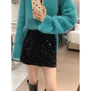 絲絨亮片短裙女秋冬季配靴子的短款半身裙高腰半裙黑色亮閃閃裙子