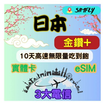 SIMFLY 金鑽+ 日本10天高速無限量 吃到飽 適 Youtube/Netflix佳