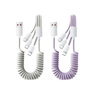 JDTECH 100W 車載三合一彈簧伸縮快充線-1.5米 Lightning/Micro/Type-C 手機充電線 數據傳輸線
