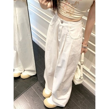 【PING'S🌞】白色 高腰 褶皺 闊腿 牛仔褲 女 夏季 薄款 寬鬆 顯瘦 直筒 垂感 拖地褲 潮