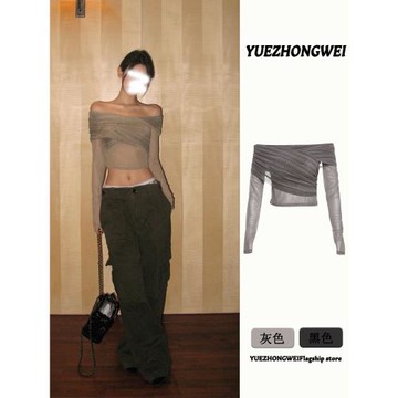 美式復古漸變一字肩長袖T恤女夏季緊身辣妹露臍修身短款露肩上衣