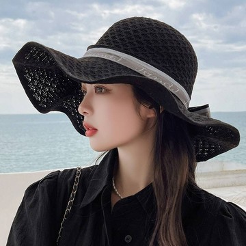 現貨秒發 初秋韓版淑女針織波浪帽簷蝴蝶結緞帶遮陽帽 高雅氣質草帽淑女帽漁夫帽 時尚波浪大帽簷防曬休閒盆帽（T005)