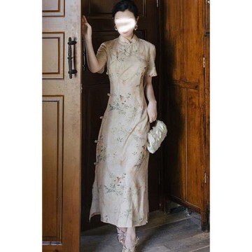 然然高個子女裝夏季長款改良古法曳地旗袍加長版新中式禪意長裙子