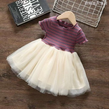 90-140碼~ 夏季新款女童條紋短袖网纱连衣裙 女童公主裙 女童洋裝 女童蛋糕裙  女童連衣裙 女童紗裙 女童蓬蓬裙