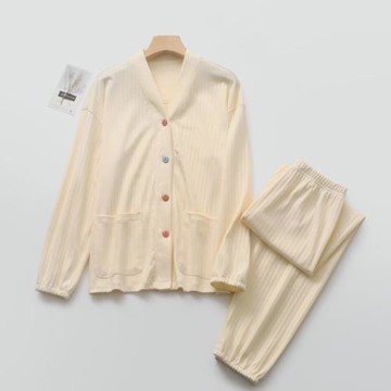 出口V領收口睡衣女純棉春秋厚實坑條全棉開衫長袖長褲家居服無印