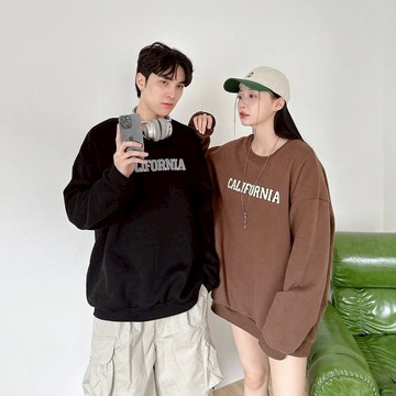 【AT】CALIFORNIA毛巾繡大學T 繡棉 長袖上衣 立體毛圈 寬鬆 潮流百搭 男女可穿 情侶 灰/咖 80687