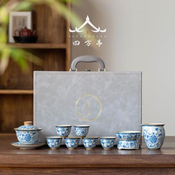 汝窯蓋碗茶具套裝青花瓷中式禮盒高檔輕奢功夫茶杯陶瓷2024新款