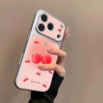 櫻桃粉圖案適用蘋果17手機殼小羊皮蘋果16保護套15新14外殼13/12