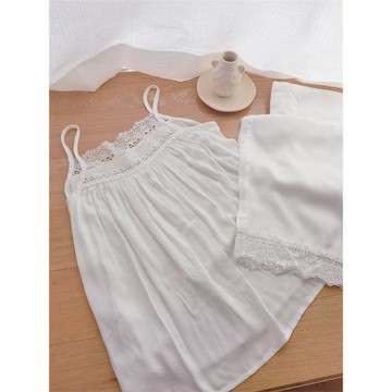 純欲風蕾絲吊帶長褲家居服棉綢貢緞性感黑色薄款白色夏季法式睡衣