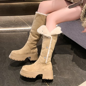 【現貨出清】2WAY反摺兩穿．街頭絨面金屬排釦圓頭粗跟長靴/中筒靴．白鳥麗子