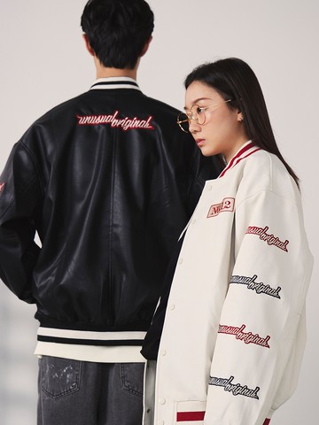 潮流側邊繡字皮外套