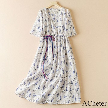 【ACheter】碎花棉麻感系帶印花圓領短袖連身裙長版洋裝# 118536 (現貨+預購)