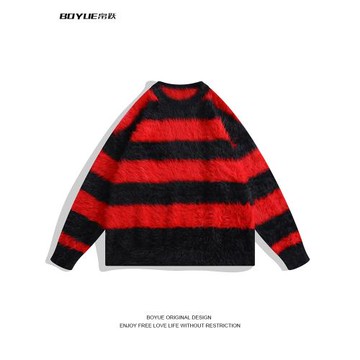 BOYUE帛躍仿貂毛條紋毛衣港風高級感毛絨紅黑撞色慵懶男女針織衫