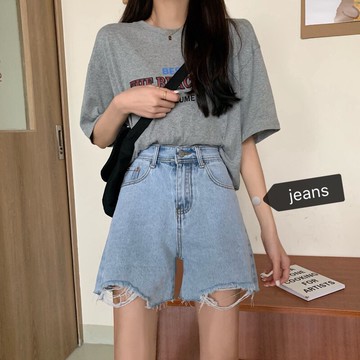 時尚毛邊闊腿褲牛仔褲女夏季年新款褲子高腰寬松顯瘦百搭短褲