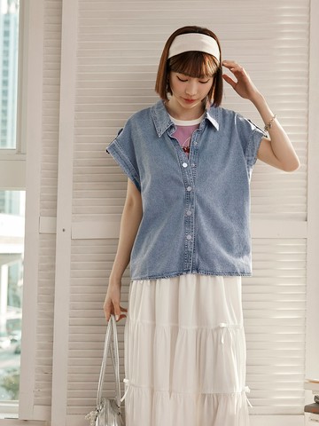 純棉牛仔反摺小飛袖開襟背心上衣