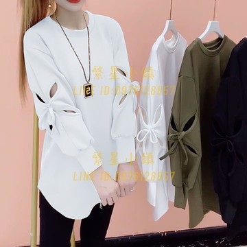 長袖t恤女春夏時尚洋氣袖子系帶設計感寬鬆百搭圓領上衣【繁星小鎮】