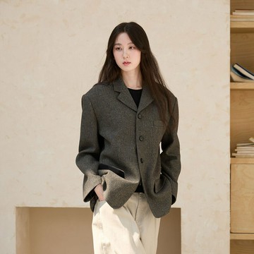 row風闊肩人字紋西裝羊毛外套女25ss秋冬闊版小翻領呢子短大衣 鑫弘-素時衣櫥