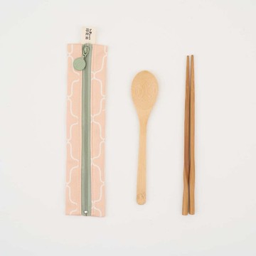 拉鏈餐具袋(含餐具)/鐵花窗5號/珊瑚橘粉/鳥語花窗