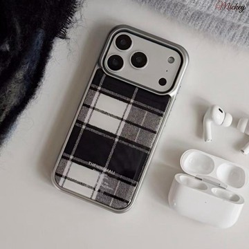 ins風復古格紋個性銀邊玻璃手機殼適用蘋果iPhone17promax高級感