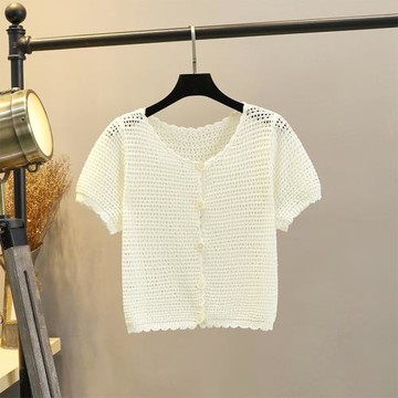短袖針織衫女夏季薄款鏤空冰絲小開衫空調衫短款上衣外搭上衣外套