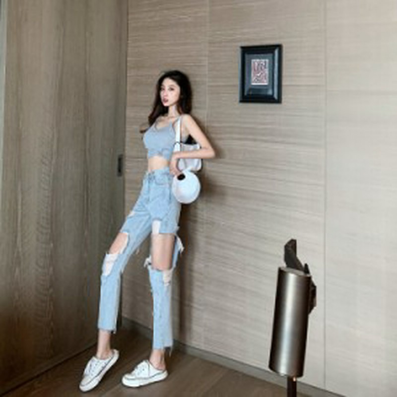 レディース ダメージ デニム ボトムス パンツ ストレート Iライン ポケット ブルー ジーンズ ハイウエスト 切りっぱなし かわいい カジュ 通販 Lineポイント最大1 0 Get Lineショッピング