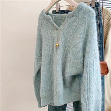 【米蘭精品】現貨+預購 100%羊毛衣針織衫發熱衣長袖保暖內搭加絨打底寬鬆大碼休閒-V領麻花女上衣2色74nc61