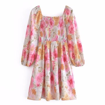 2023外貿女裝女裝新款長袖方領拉松緊燈籠袖連衣裙  5898