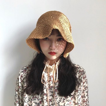 🌞帽子女夏韓版文藝復古手工鉤針素色草帽草編盆帽日系小清新可愛沙灘遮陽帽太陽帽優質