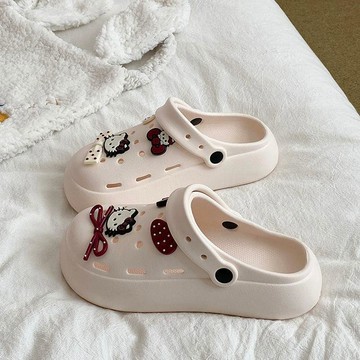 洞洞鞋 包頭鞋 超輕拖鞋 沙灘涼拖卡通kitty貓厚底洞洞鞋女外穿夏季2026新款海邊沙灘防滑包頭涼拖