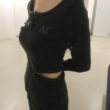 MUCENT 水洗灰 露腰 開衩長袖 亨利領 做舊 拉鍊 個性 韓國代購