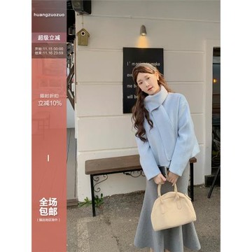 佐佐家小個子 充絨保暖可拆卸圍巾毛呢外套女冬季韓系氣質上衣