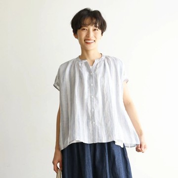 100%亞麻條紋罩衫 簡約休閒上衣 自然皺感 日系休閒 240624-1