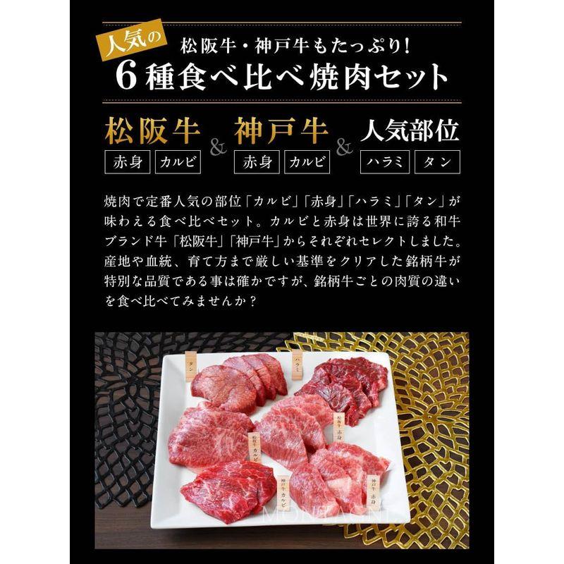 松阪牛 神戸牛 入り 6種 食べ比べ 焼肉セット 420g 2?3人前 カルビ モモ ハラミ サガリ タン 牛肉 ブランド牛 黒毛和牛 贈答