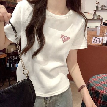 胖胖美依 短袖上衣 T恤 上衣 S-2XL小衆短袖t恤夏季ins寬鬆設計感休閒學生印花甜美上衣-7639..