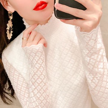白色蕾絲打底衫女加絨法式半高領洋氣內搭網紗秋冬季加厚保暖上衣