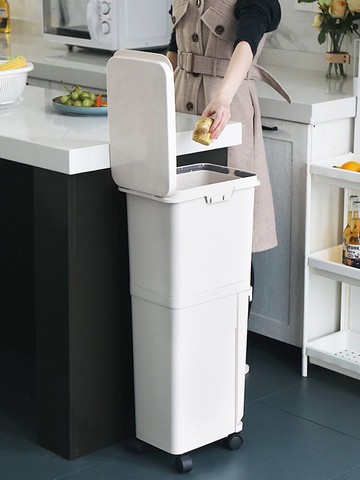 日式雙層分類垃圾桶 垃圾分類垃圾桶家用大號廚房雙層干濕分離有蓋帶蓋廚余圾垃桶『XY33059』